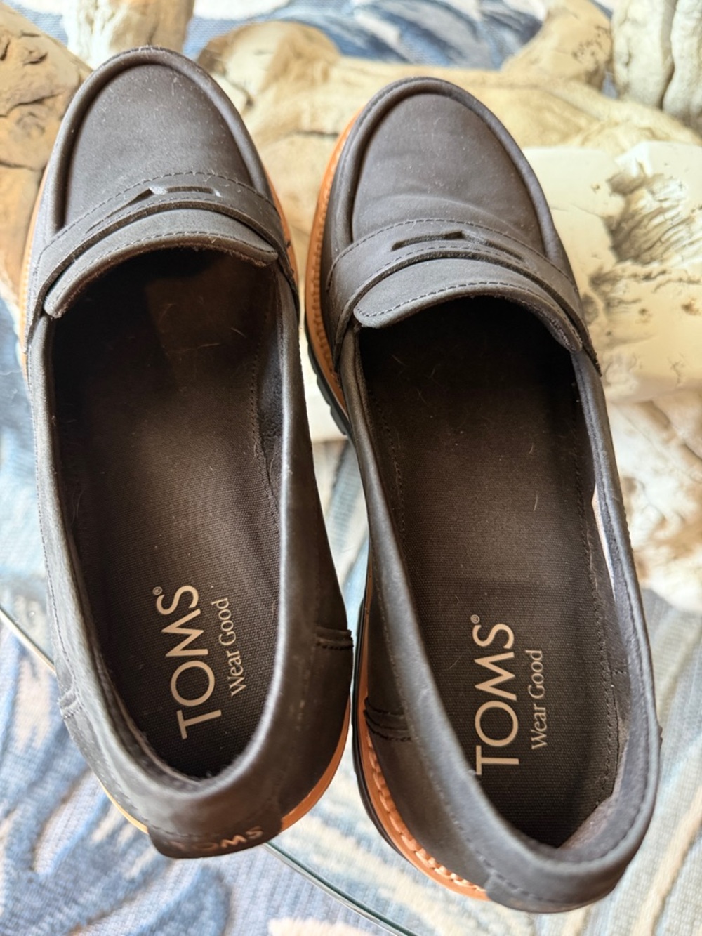TOMS Black Slip-On Loafers with Tan Trim